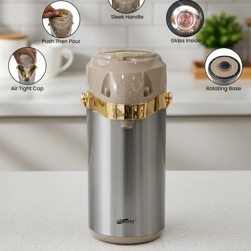 3 Litre Premium Insulated Flask with Glass Interior – Metallic Silver & Gold Accent Hot & Cold Beverage Dispenser CK