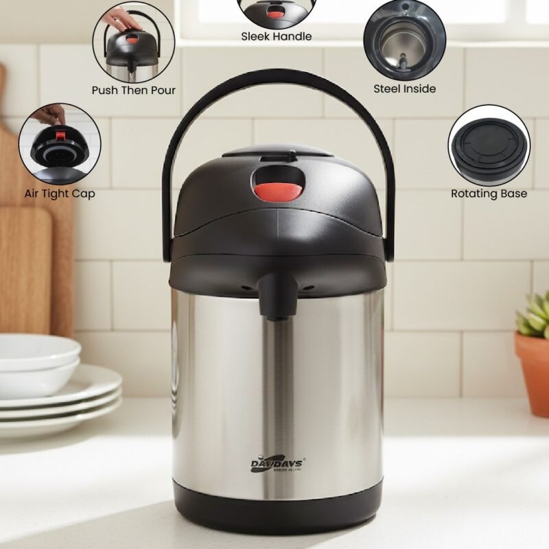 Day Days Premium Air Pot Flask – 2.5L & 5L Stainless Steel Hot & Cold Beverage Dispenser CK