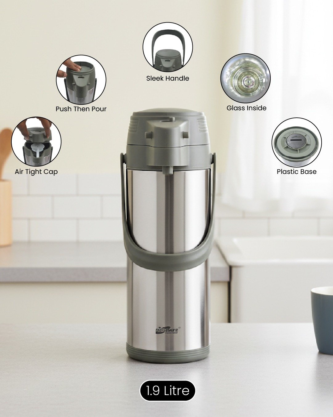 1.9 Litre Stainless Steel Insulated Flask – Hot & Cold Beverage Dispenser with Green, Brown & Silver-Grey Accents CK - Image 6