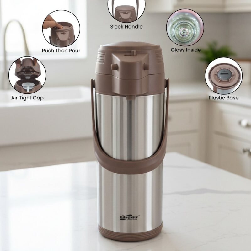 1.9 Litre Stainless Steel Insulated Flask – Hot & Cold Beverage Dispenser with Green, Brown & Silver-Grey Accents CK
