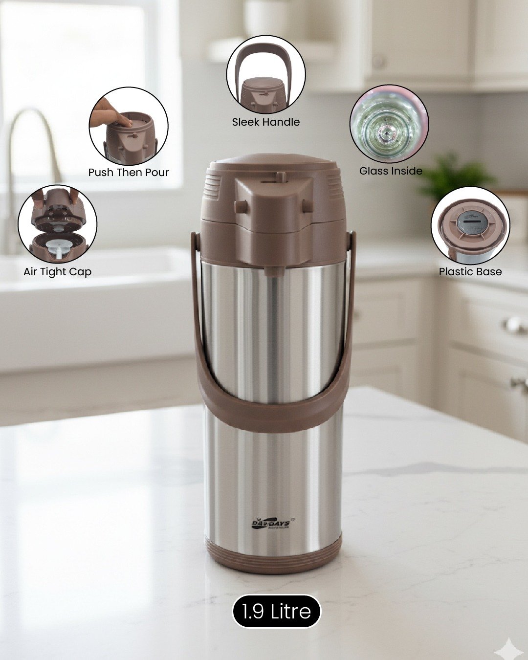 1.9 Litre Stainless Steel Insulated Flask – Hot & Cold Beverage Dispenser with Green, Brown & Silver-Grey Accents CK - Image 2