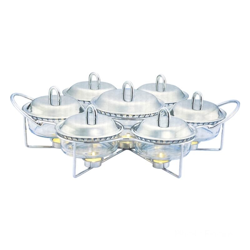Food Warmer with Glass Dish – 7 Pcs Buffet Serving Set | Premium Hot & Cold Food Server CK