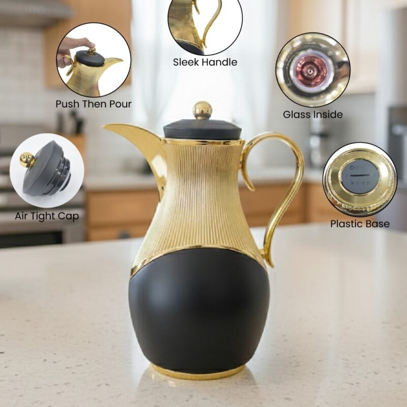 Elegant 1 Litre Thermal Carafe – Gold Trim with Glass Interior | Hot & Cold Beverage Flask CK