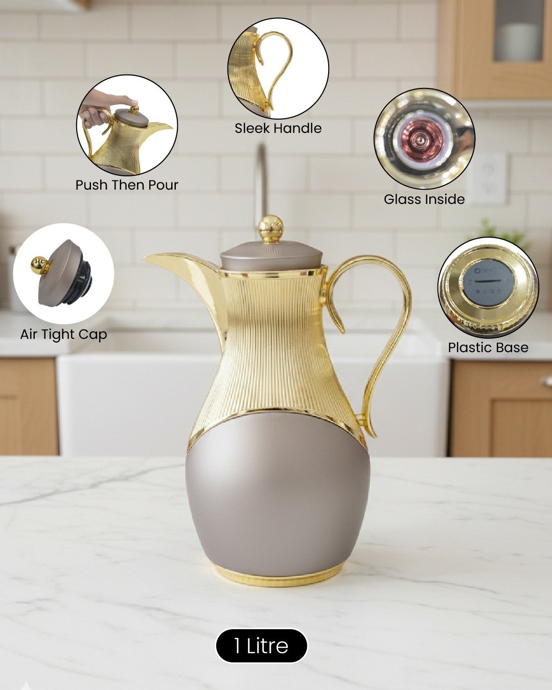 Elegant 1 Litre Thermal Carafe – Gold Trim with Glass Interior | Hot & Cold Beverage Flask CK - Image 6