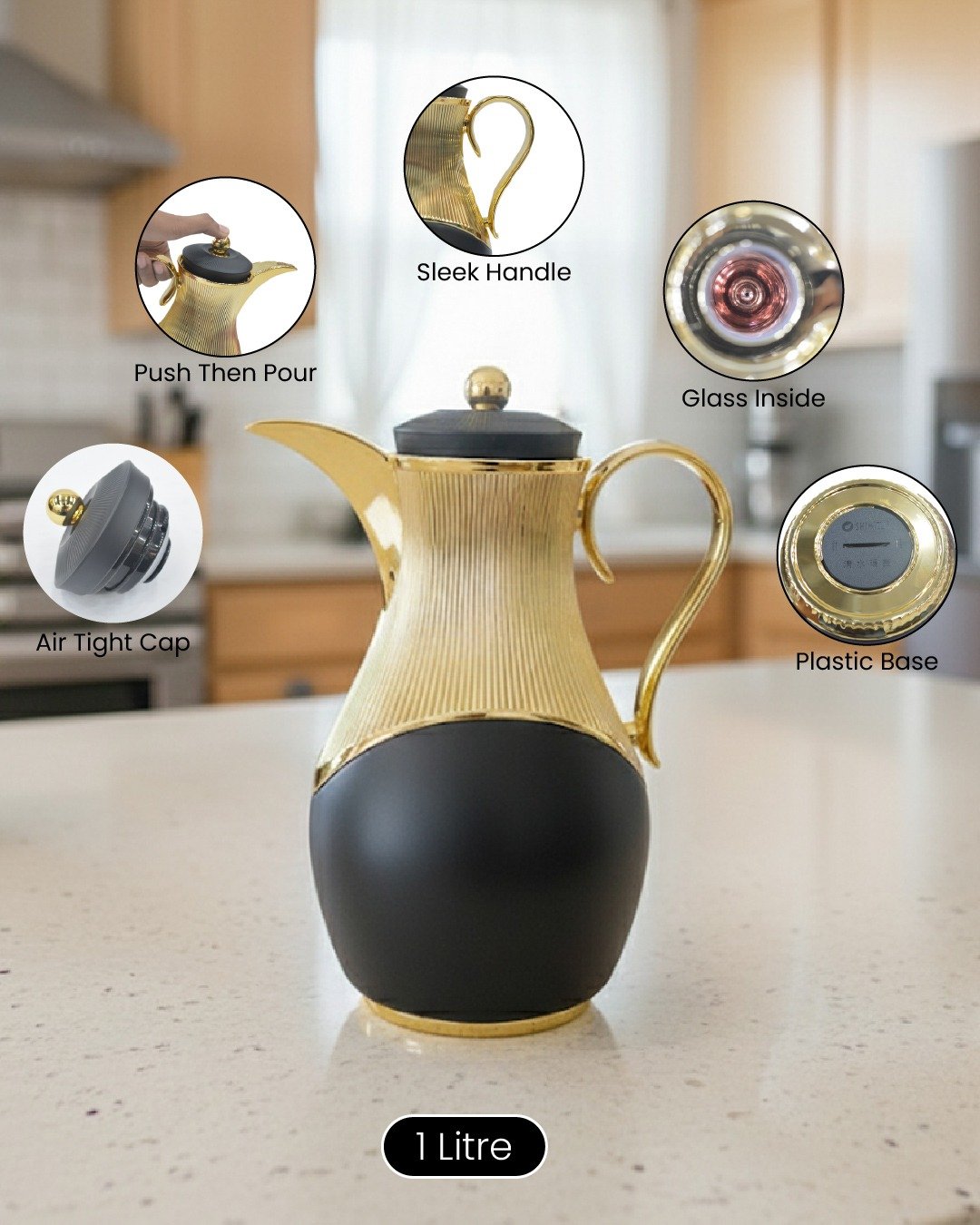Elegant 1 Litre Thermal Carafe – Gold Trim with Glass Interior | Hot & Cold Beverage Flask CK - Image 3