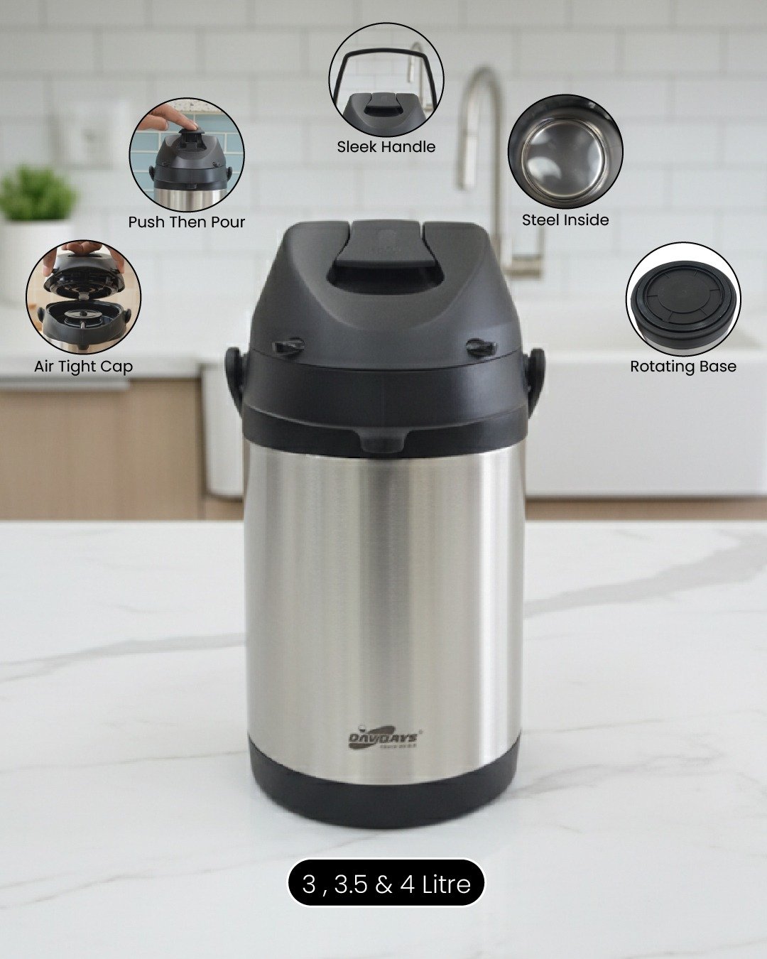 DayDays Premium Steel Flask – 3L, 3.5L & 4L Heavy-Duty Hot & Cold Beverage Dispenser CK