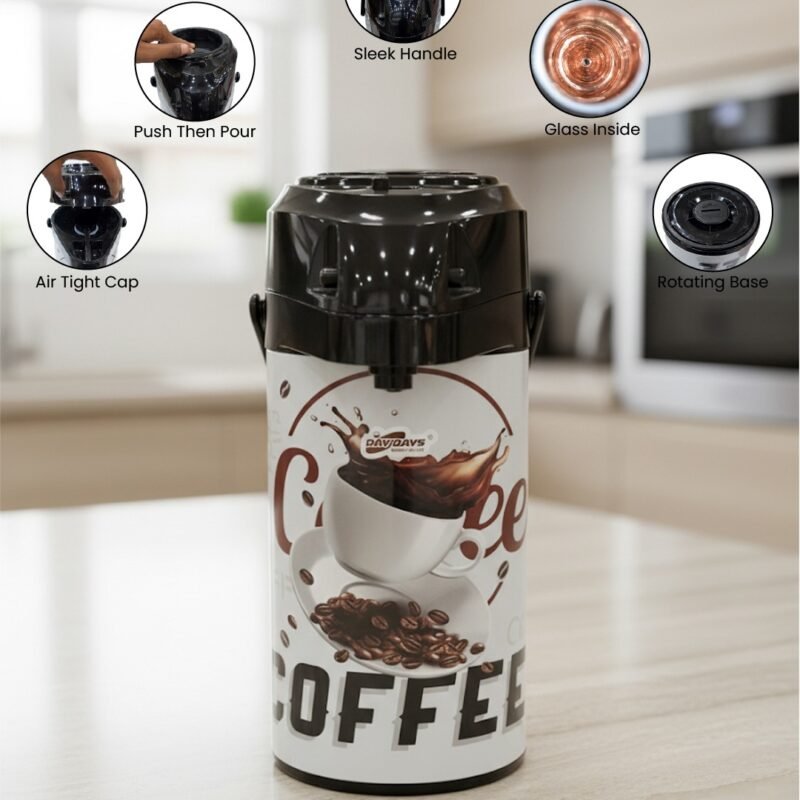 DayDays Premium Coffee Series Air Pot Flask – 3 Litre Stainless Steel Hot & Cold Beverage Dispenser CK