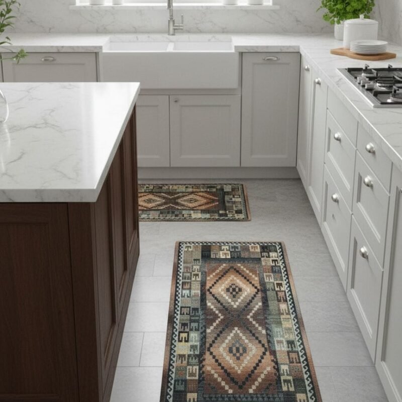 Luxury Anti-Slip Kitchen Floor Mat Set (Pack OF 2) – Elegant Marble Design Washable Rugs for Modern Homes