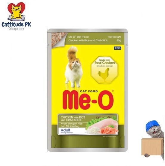 Me-O Adult Cat Wet Food – Chicken, Rice & Crab Stick in Jelly – 80gm | Complete & Balanced Cat Meal | Delicious Wet Food Pouch for Adult Cats