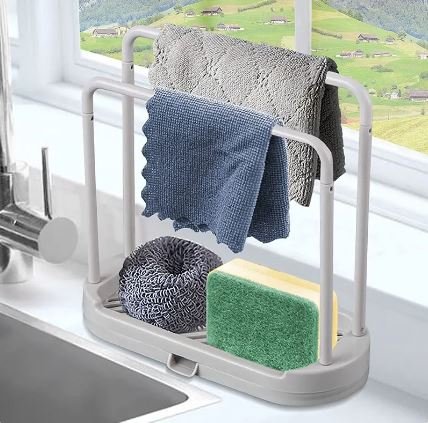 Kitchen Sponge Brush Holder with Detachable Towel Rag Hanger | Sink Organizer for Kitchen & Bathroom
