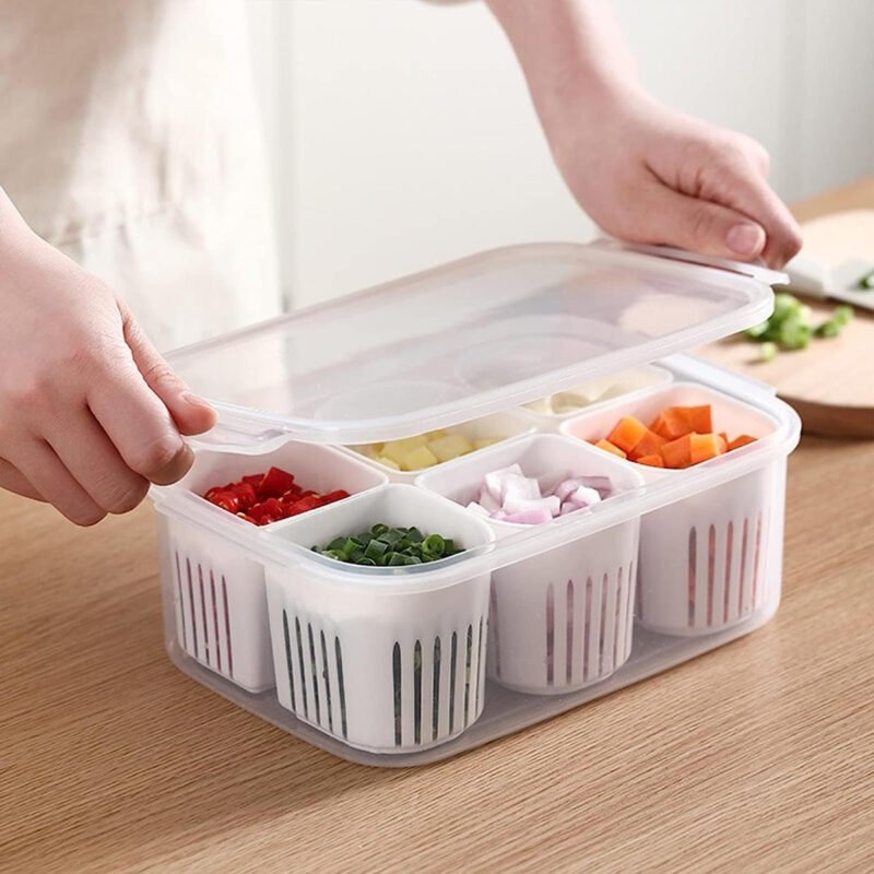 Fridge Food Storage Container with Lid | Airtight Refrigerator Organizer Box with Detachable Drain Basket | Fresh-Keeping Kitchen Food Container