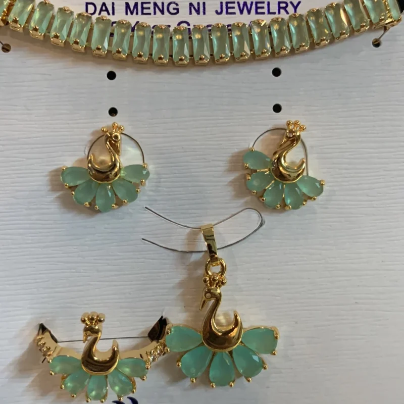 4 Pcs Sea Green Zarkoon Jewelry Set – Necklace, Bracelet, Earrings & Ring for Women