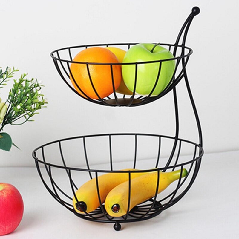 Round Double-Layer Fruit & Vegetable Storage Basket – Hollow Wire Desktop Organizer Bowl for Kitchen & Dining Tabl