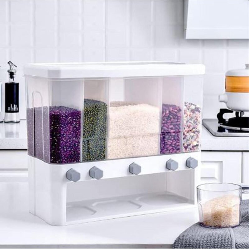 15kg 5-Grid Rice & Cereal Dispenser – Insect-Proof, Moisture-Proof Food Storage Container with Measuring Cup
