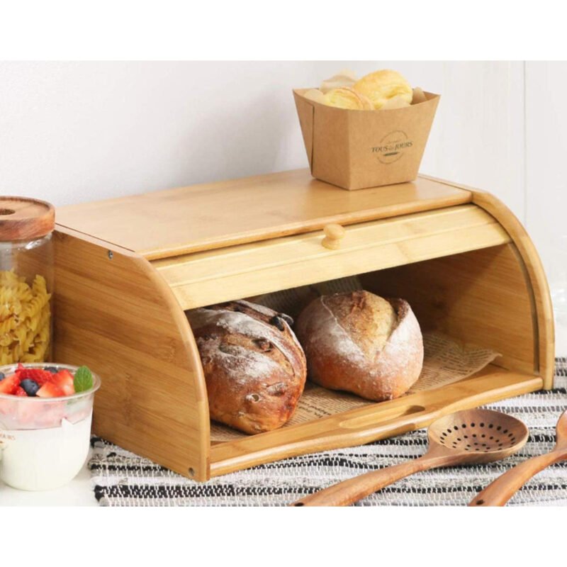 Large Wooden Bread Box | Bamboo Roll Top Bread Storage Box | Kitchen Counter Organizer Bread Baske