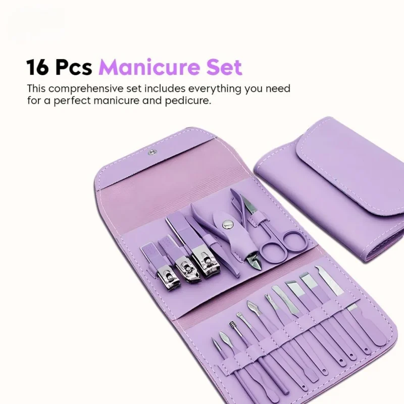 Professional Manicure & Pedicure Set – 16PCS Stainless Steel Nail Care Kit with Portable Travel Case