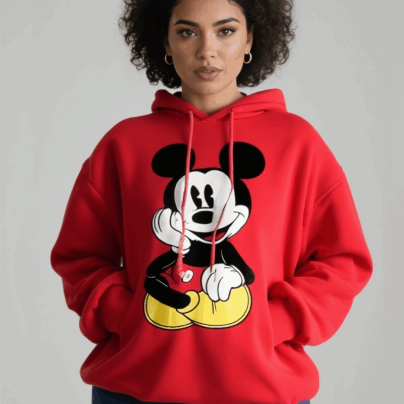 Trendy Red Cartoon Print Hoodie for Women – Soft Fleece Sweatshirt for Winter Casual Wear