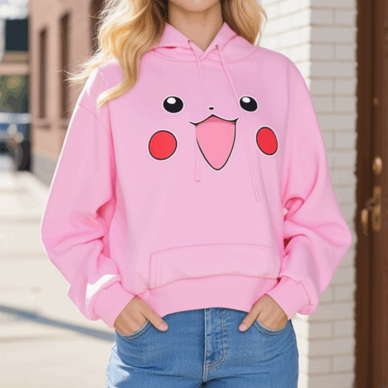 Trendy Pink Cartoon Face Hoodie for Women – Cute Fleece Sweatshirt for Winter Casual Wear