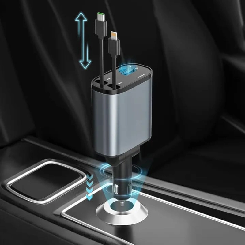Compro Retractable Car Charger 4-in-1 | 120W Fast Car Phone Charger | USB & Type-C Retractable Charging Cable | Universal Car Charger for iPhone & Android