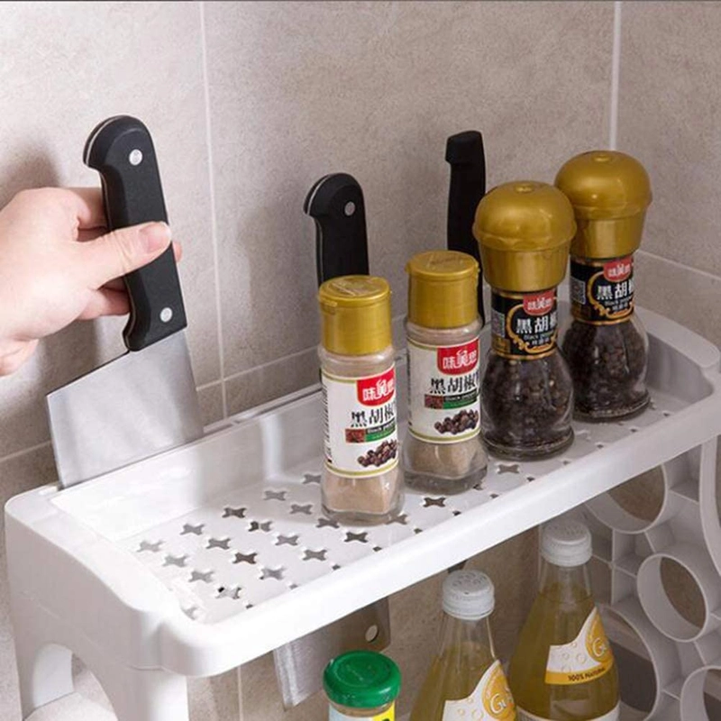 Double Layer Kitchen Seasoning Rack | Plastic Spice Shelf with Knife Holder & Storage Organizer (Apricot) - Image 3