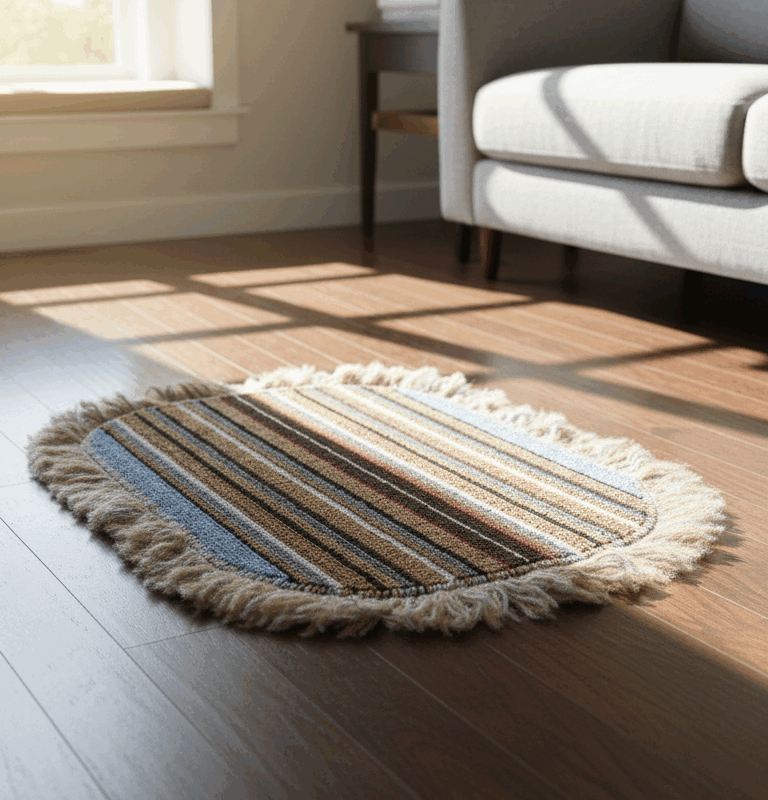 Striped Multi-Color Oval Floor Mat with Soft Fringe Border – Durable & Stylish Indoor Use Rug