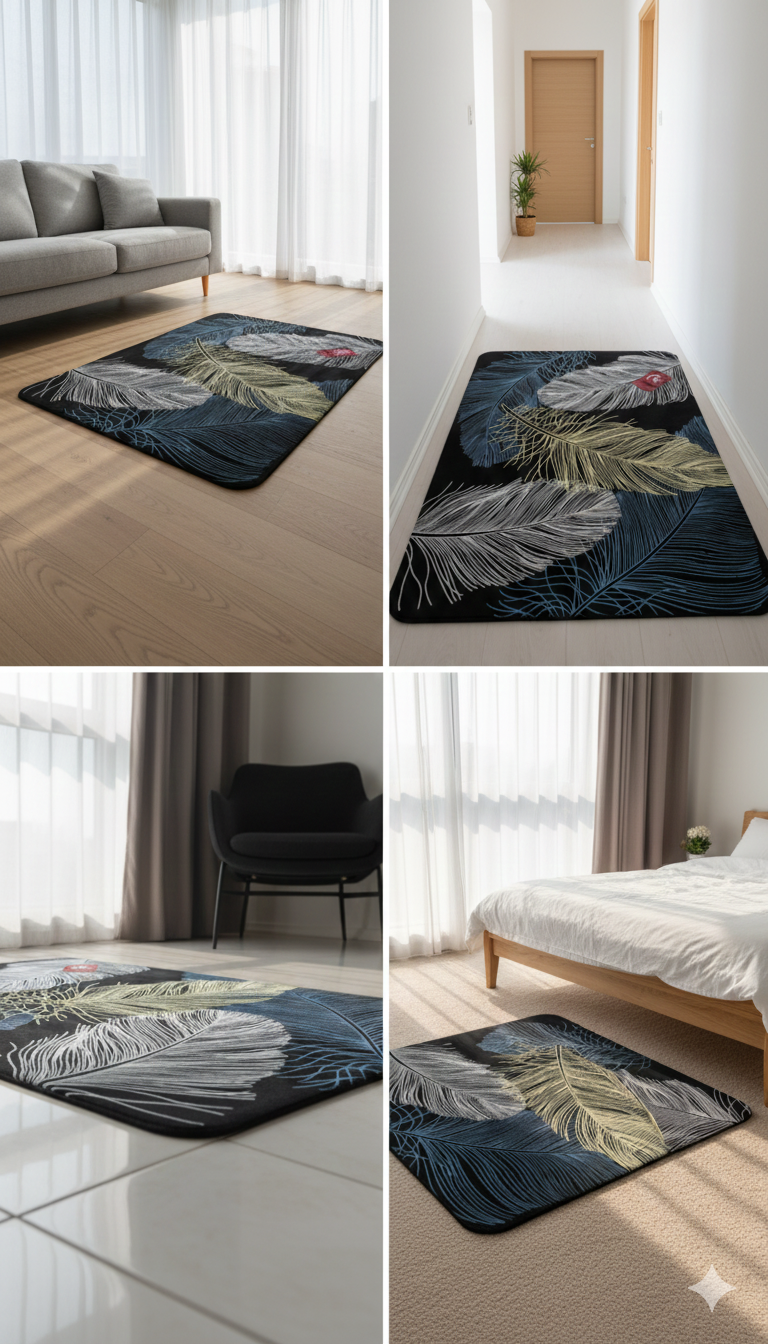 Modern Feather-Design Black Rug for Living Room | Soft & Durable Multi-Color Carpet for Home Décor - Image 3