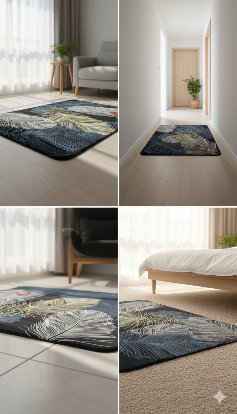 Modern Feather-Design Black Rug for Living Room | Soft & Durable Multi-Color Carpet for Home Décor - Image 2