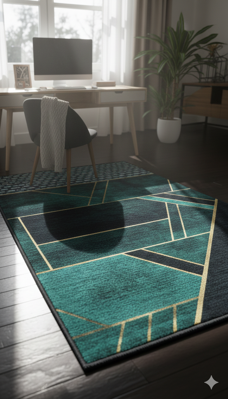 Modern Geometric Teal & Black Area Rug for Living Room | Premium Soft Carpet for Home & Office Décor | Stylish Contemporary Floor Mat