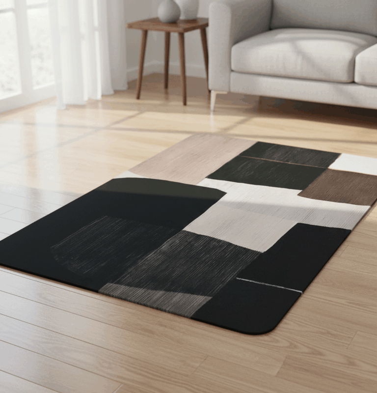 Modern Geometric Area Rug for Living Room – Soft Anti-Slip Carpet with Stylish Black & Neutral Block Design