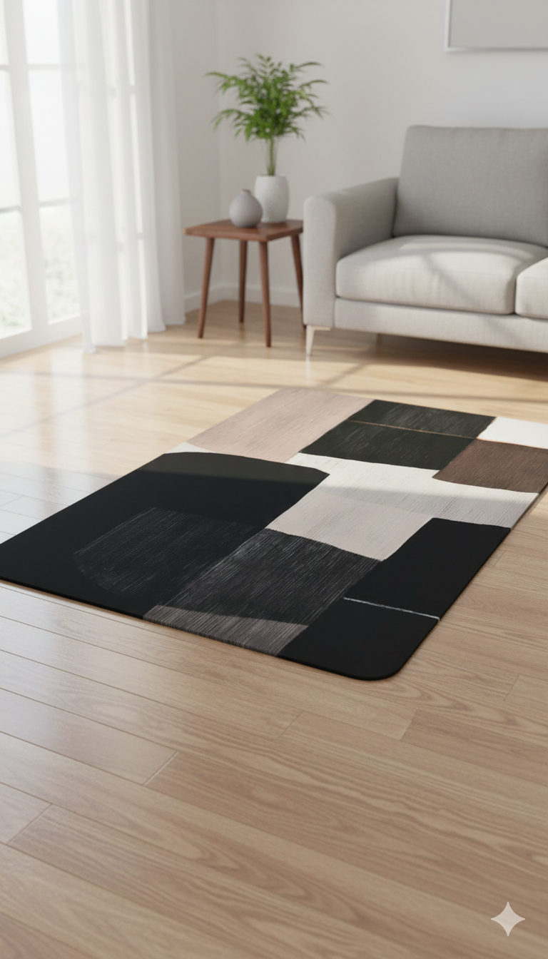 Modern Geometric Area Rug for Living Room – Soft Anti-Slip Carpet with Stylish Black & Neutral Block Design