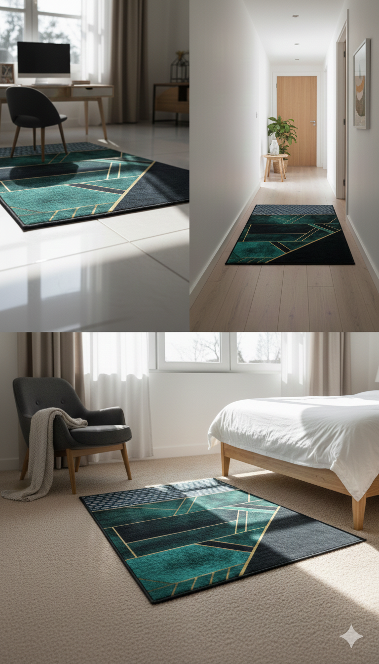 Modern Geometric Teal & Black Area Rug for Living Room | Premium Soft Carpet for Home & Office Décor | Stylish Contemporary Floor Mat - Image 3