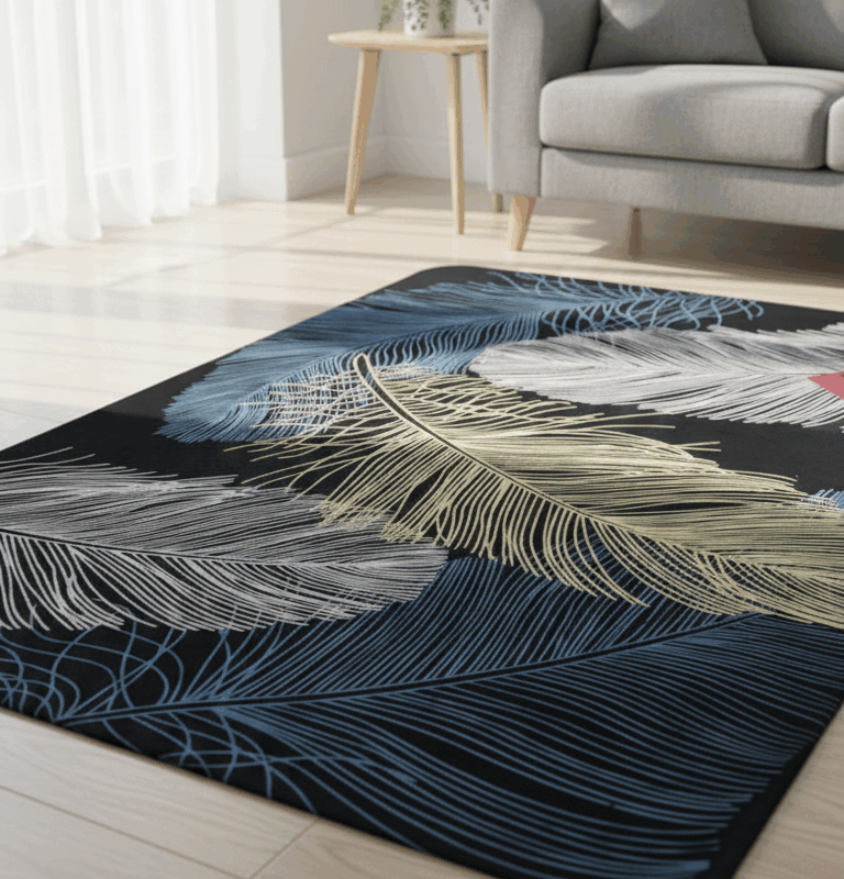Modern Feather-Design Black Rug for Living Room | Soft & Durable Multi-Color Carpet for Home Décor