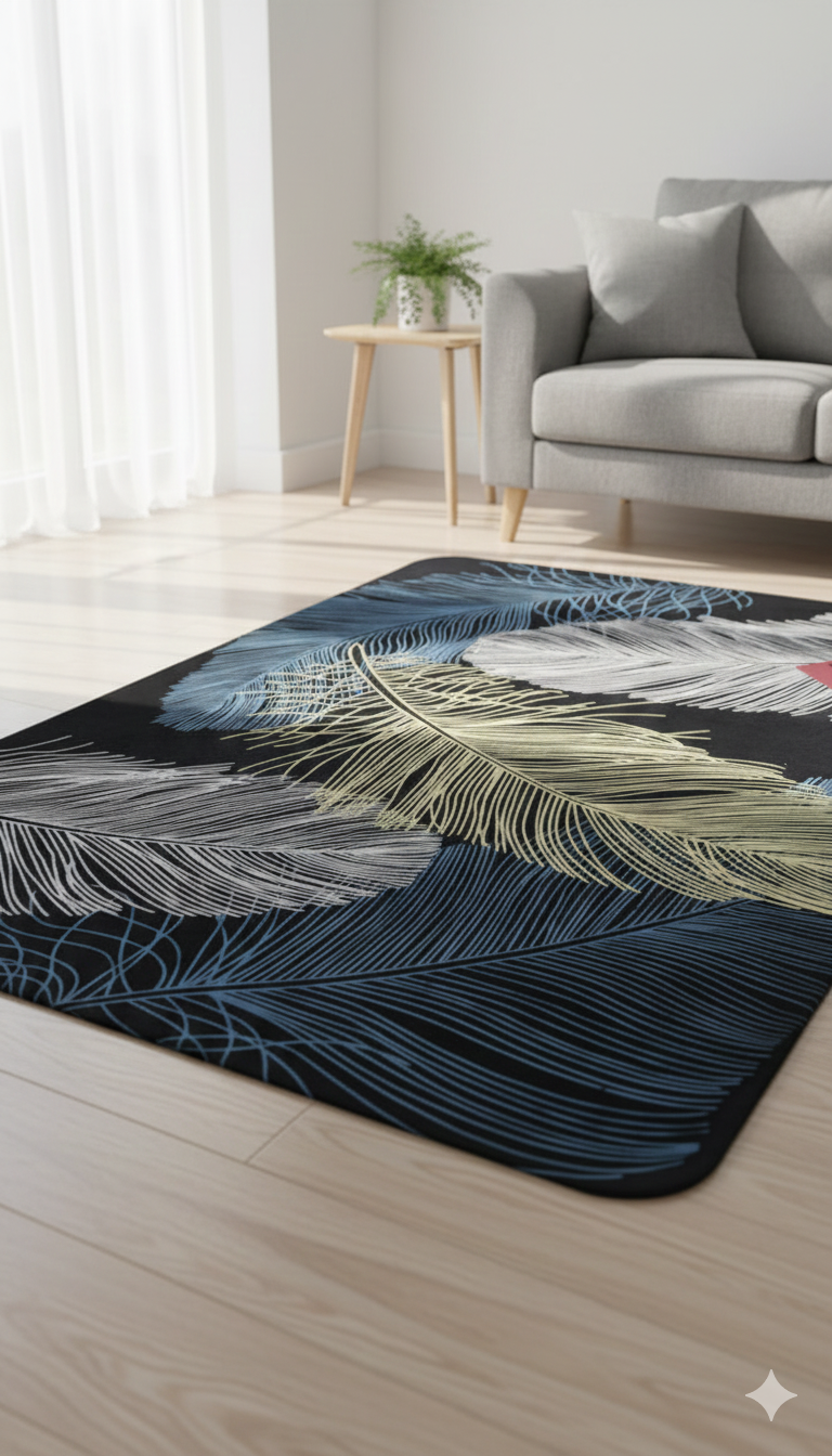 Modern Feather-Design Black Rug for Living Room | Soft & Durable Multi-Color Carpet for Home Décor