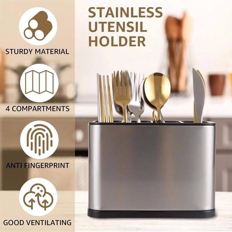Stainless Steel Cutlery Caddy | Kitchen Utensil Drainer & Spoon Fork Holder Organizer