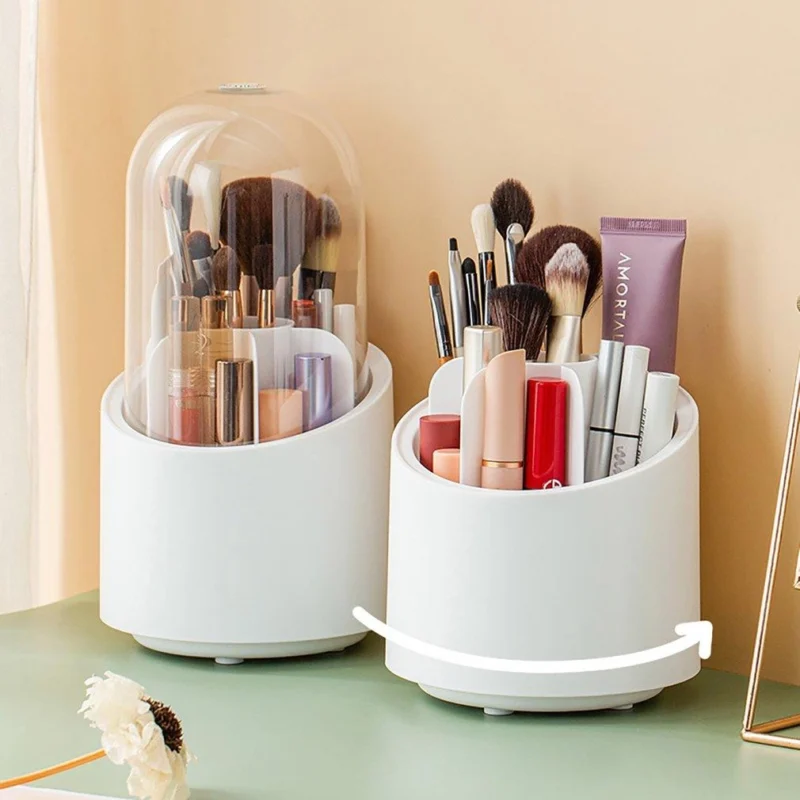 360° Rotating Makeup Brush Storage Box – Portable Transparent 7-Slot Dust-Free Makeup Brush Organizer for Desk, Dresser & Bathroom