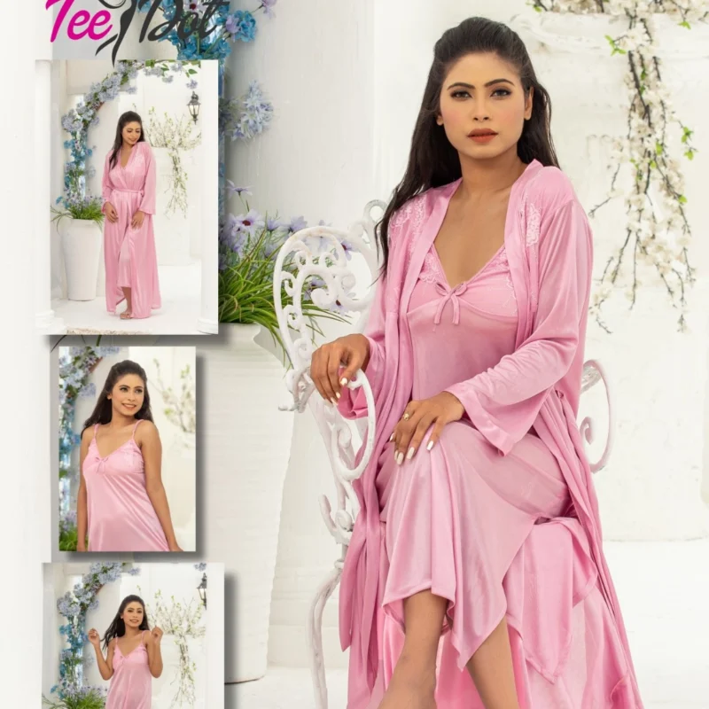 Luxury Bridal Night Wear 2-Piece Set | Soft Silk Nighty with Matching Gown | Free Size