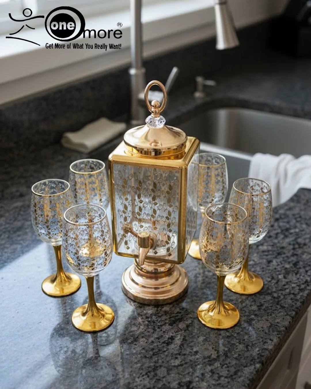 Luxury Gold-Plated Beverage Dispenser & Wine Glass Set | 7-Piece Ornate Crystal Drinkware Collection