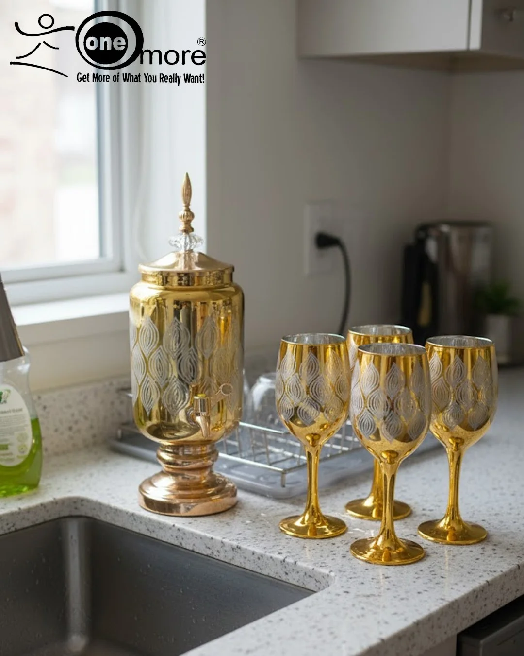 Opulent Gold-Plated Drink Dispenser & Stemware Set | 7-Piece Feather Etched Luxury Barware