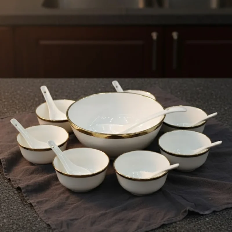 Luxurious White Porcelain Dining Set with Gold Rim | 14-Piece Premium Serving & Bowl Collection