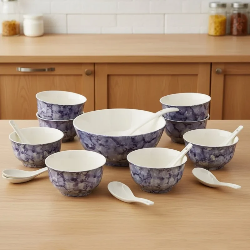Indigo Marble Ceramic Dinnerware Set | 14-Piece Deep Blue Asian Serving Bowl & Spoon Collection