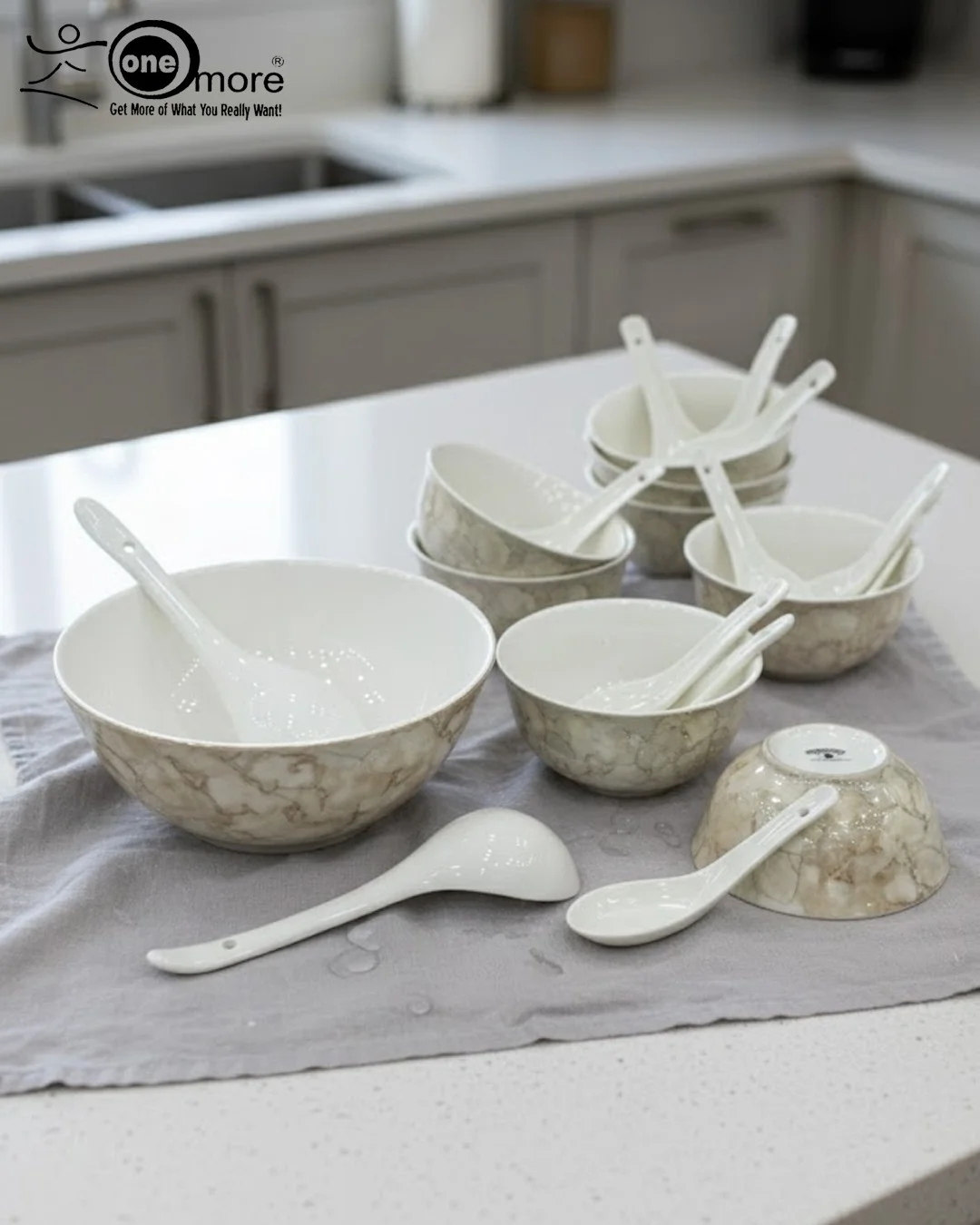 Classic Beige Marble Ceramic Serving Bowl Set | 14-Piece Neutral Stone-Look Dinnerware Collection