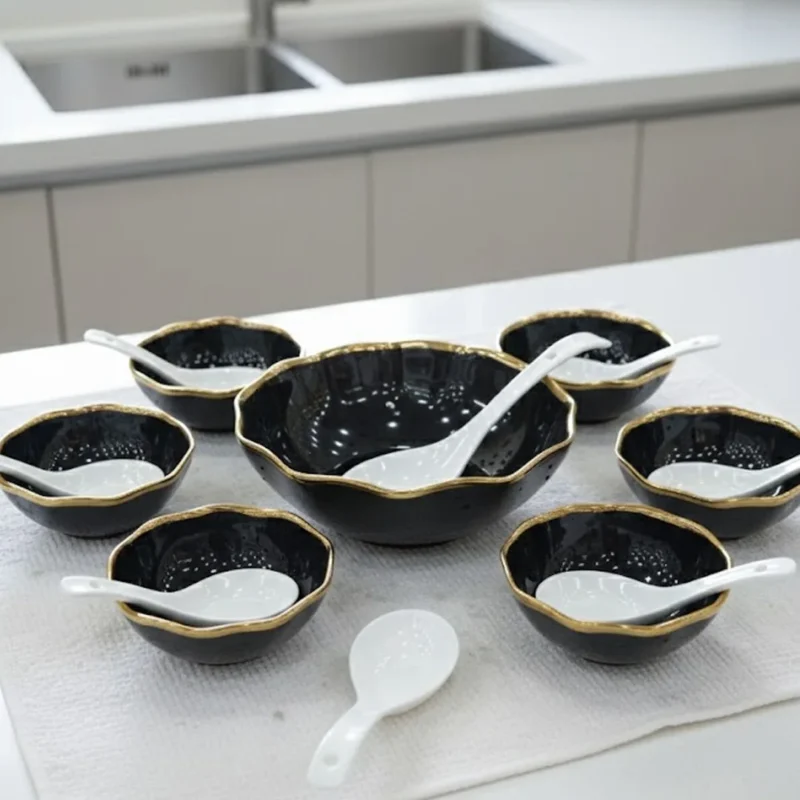 Opulent Black & Gold Ceramic Bowl Set | 14-Piece Scalloped Dinnerware Collection (Luxury Serving)