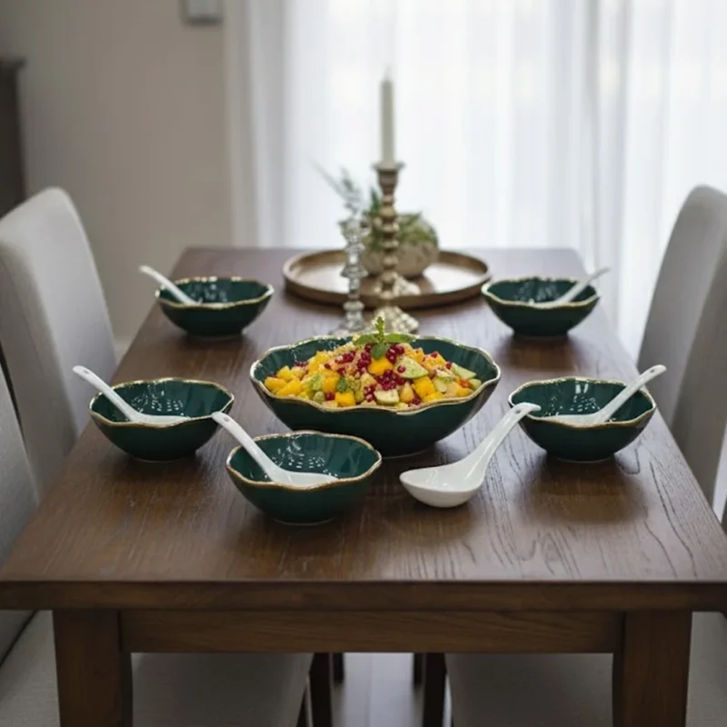 Luxury Emerald Green & Gold Ceramic Bowl Set | 14-Piece Scalloped Dinnerware Collection (Deep Jewel Tone)