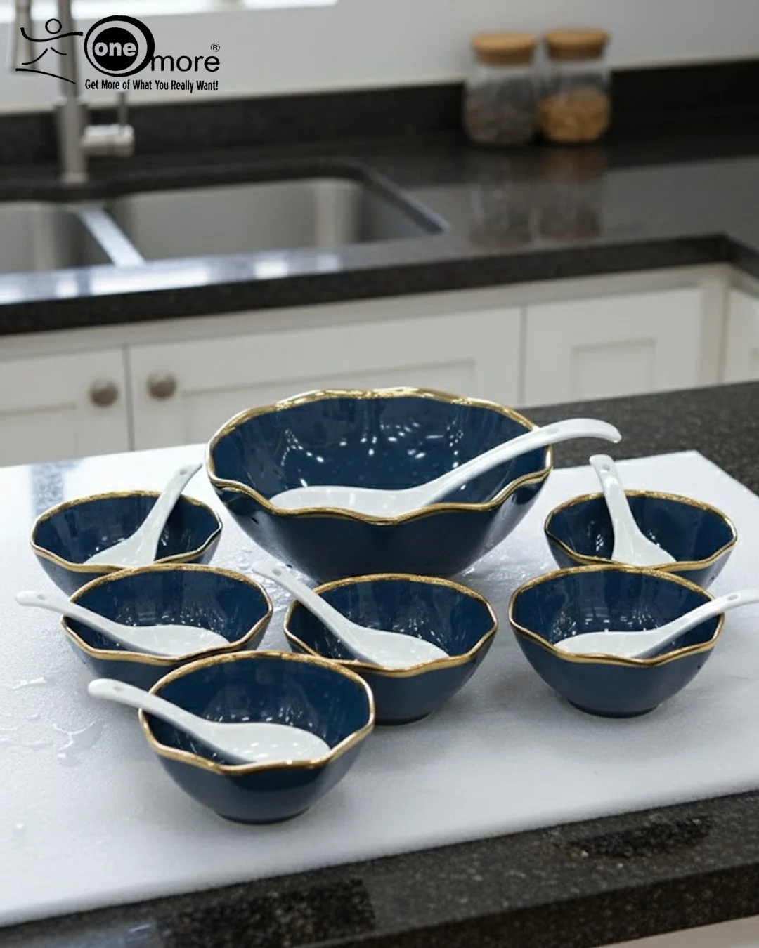 Nautical Navy Blue & Gold Ceramic Bowl Set | 7-Piece Scalloped Edge Designer Dinnerware Collection
