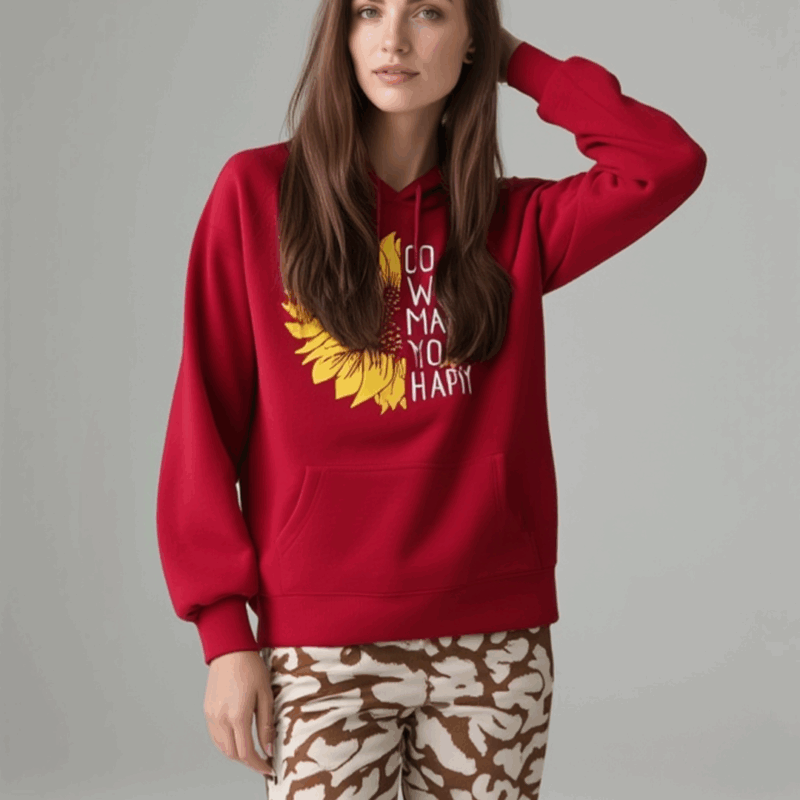 Grey “Do What Makes You Happy” Sunflower Printed Hoodie – Inspirational Casual Sweatshirt for Women