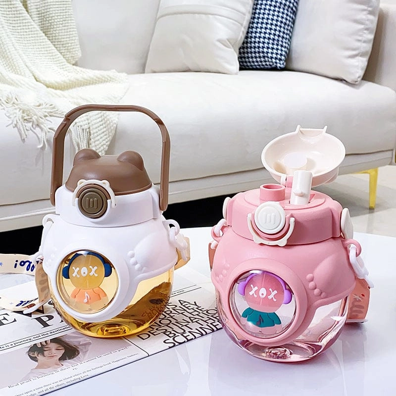 Hug Bear Double Drink Big Belly Water Bottle – Dual Straw Kids Bottle, Leak-Proof Cute Bear Design for School & Travel