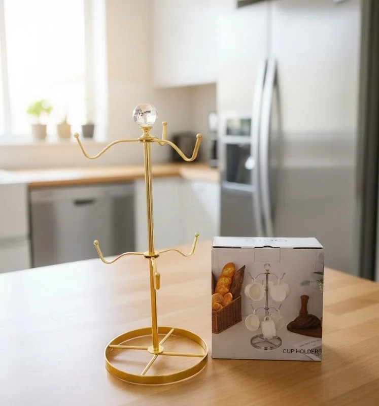 Holder Cup Rack – Countertop Mug Stand with 6 Hooks, Gold & Crystal Coffee Cup Organizer for Kitchen, Dining Table & Coffee Bar