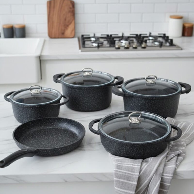 Falez 9-Piece Premium Granite Non-Stick Cookware Set – Made in Turkey | 80% Less Oil