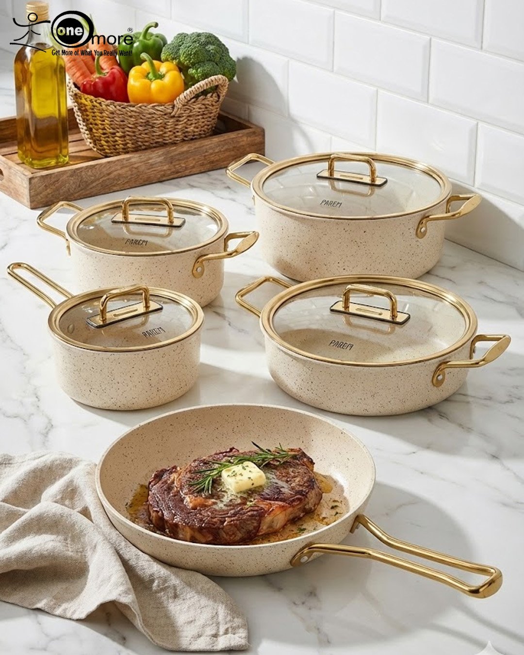 Falez Premium 9-Piece Granite Non-Stick Cookware Set – Creamy & Gold Edition | Made in Turkey - Image 2