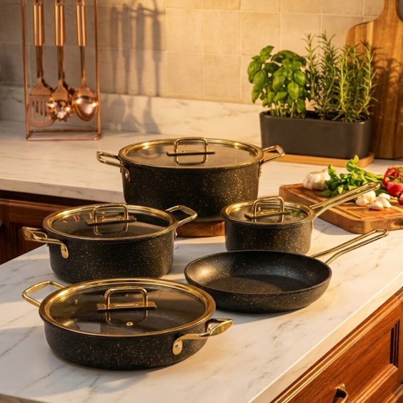 Falez 9-Piece Premium Granite Non-Stick Cookware Set – Black & Gold Series | Made in Turkey